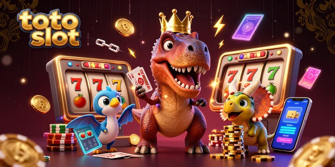 Experience the thrilling action of toto slot as a T-Rex plays cards while a pterodactyl assists, set against vibrant casino visuals.