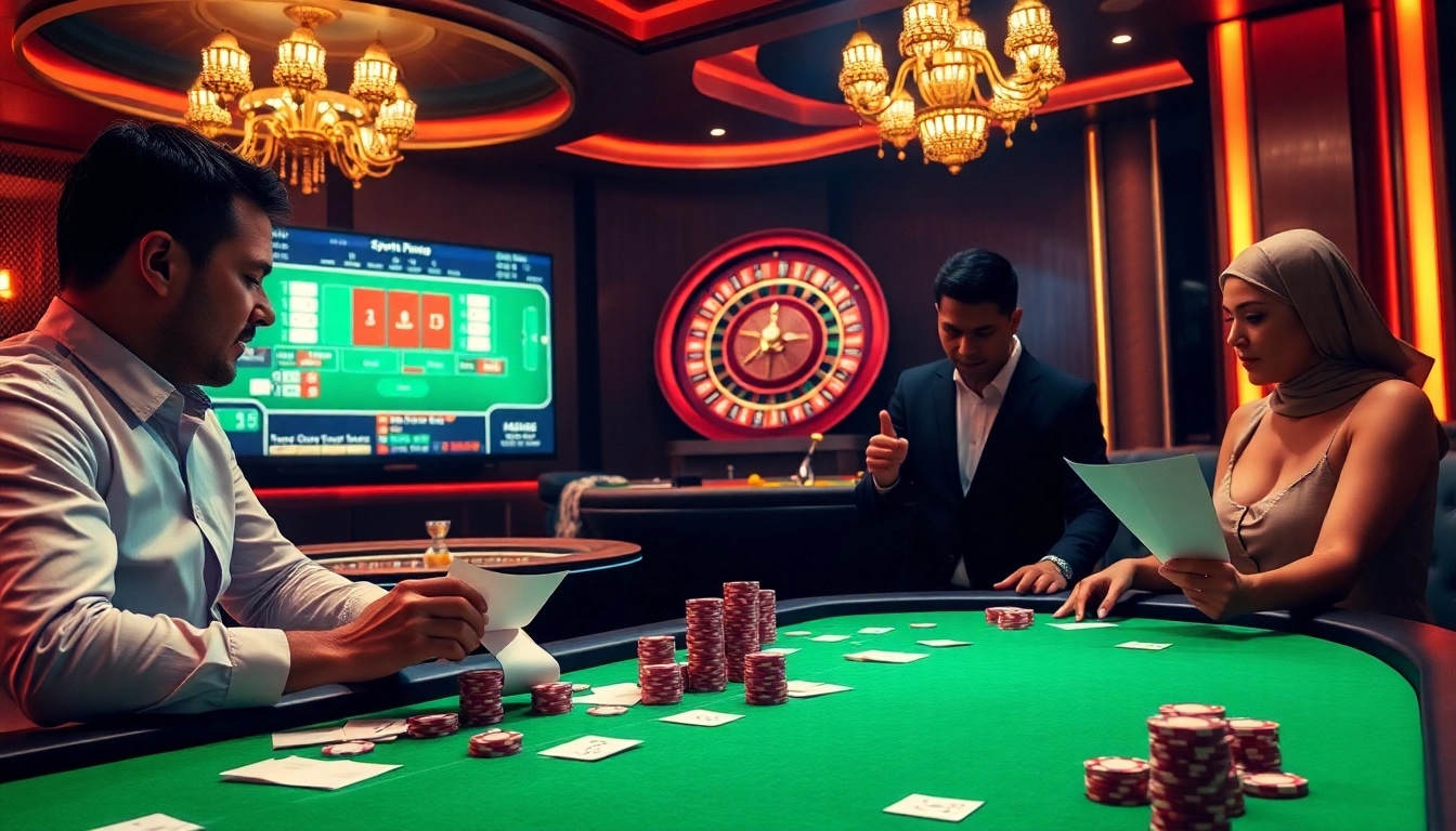 Exciting kèo nhà cái sports betting scene with luxurious tables and live betting updates.