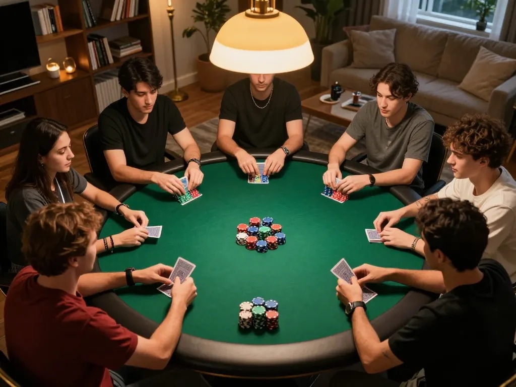 Engaging poker game scene at home featuring players strategizing their bets for ทางเข้า m103.