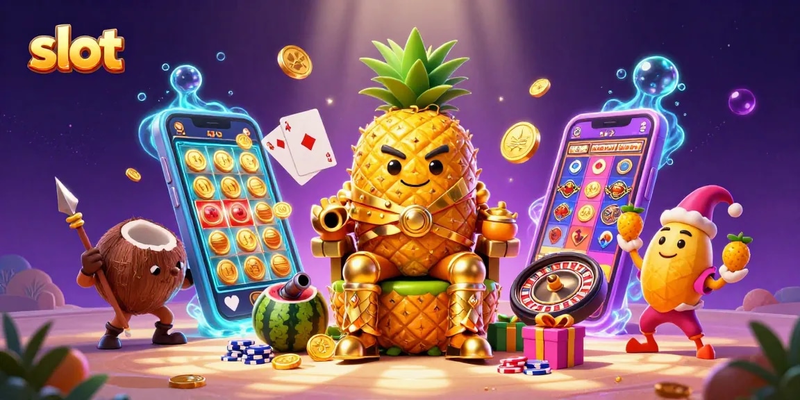 Menang besar di slot dengan raja nanas emas dan jester di kasino pantai yang ceria.