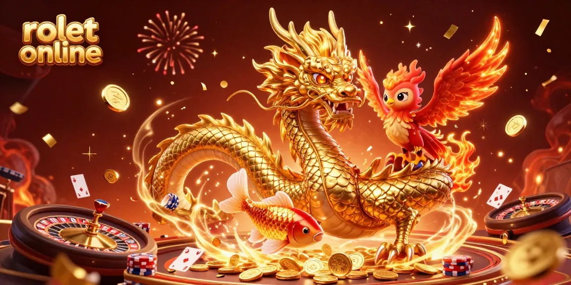 Experience thrilling rolet online action with a vibrant dragon, phoenix, and koi fish in a dynamic casino scene.