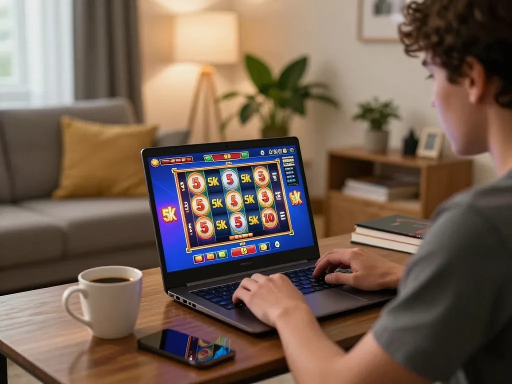 Player enjoying a slot 5k game on laptop with lively home ambiance