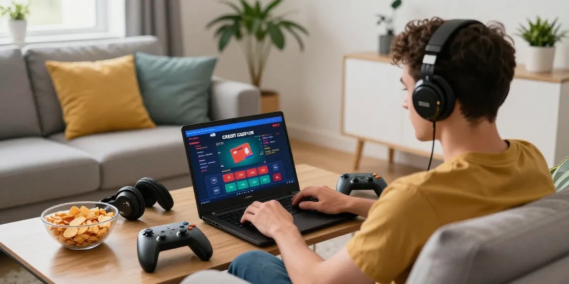 Engaged player using a credit card casino UK on laptop in cozy gaming environment