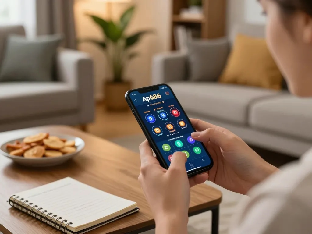 Berinteraksi dengan aplikasi kasino ap686 di smartphone dalam suasana ruang tamu yang nyaman.