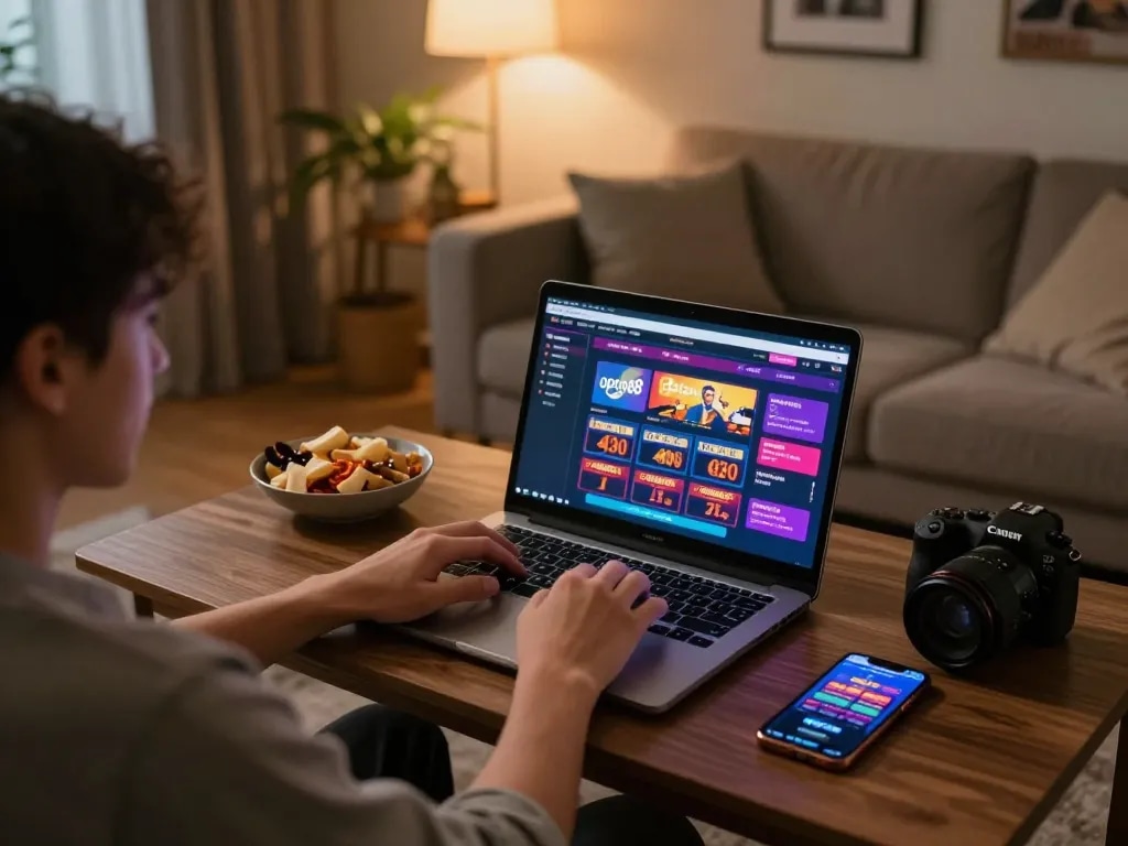 Engaging in strategic gameplay on open88 casino interface from home, showcasing a cozy gaming setup.