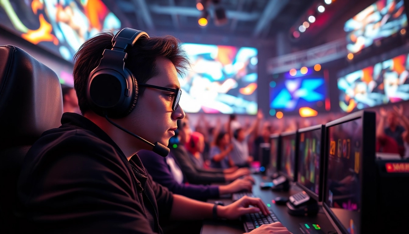 Gamer playing in an intense higame competition environment filled with excitement and energy.