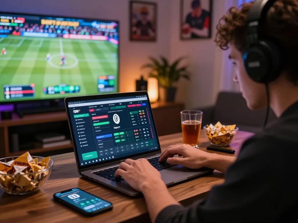 Engaged user placing bets on F8BET online sports betting interface alongside live sports events.