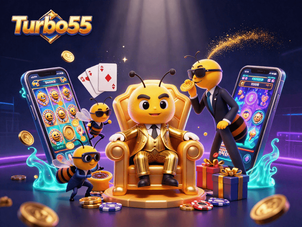 Spin to win with Turbo55's dazzling gaming scene, featuring vibrant slot reels and animated coins.