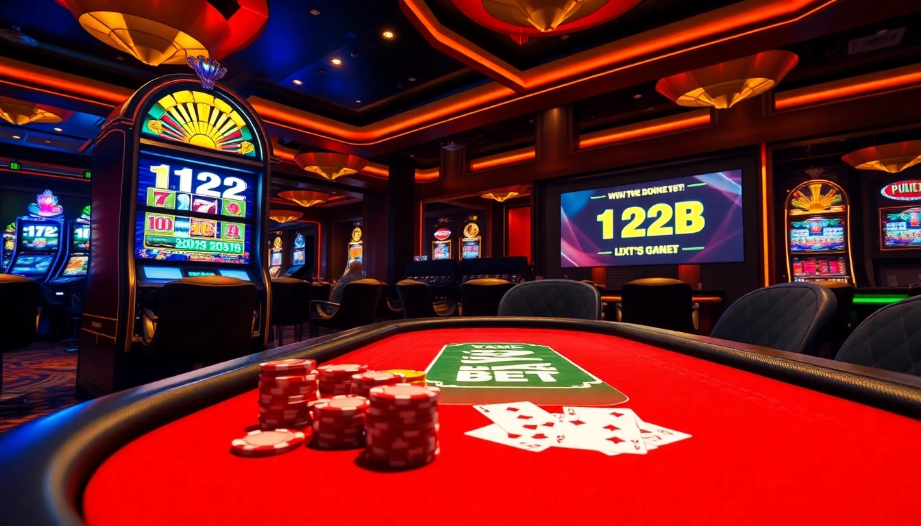 Engage with thrilling games at https://123b.ing/ featuring a vibrant casino scene with poker chips and cards.