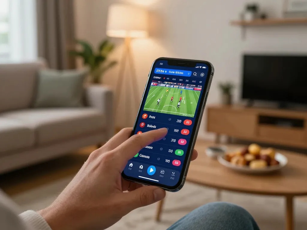 An engaged bettor using the 8xbet mobile app to place live sports bets from a cozy home setting.