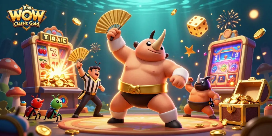 Buy WoW Titan Reforged Classic Gold in an energetic casino scene with vibrant characters and gaming elements.