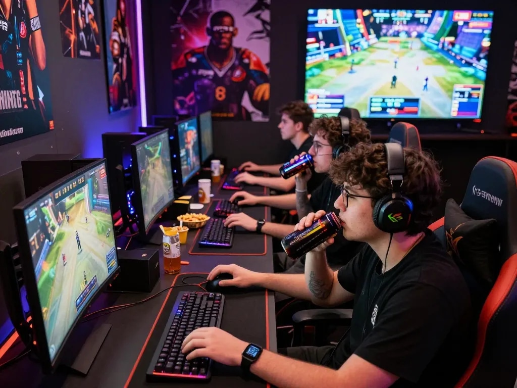 Engaging gaming competition with friends featuring mpi2121 setups and vibrant RGB lighting.
