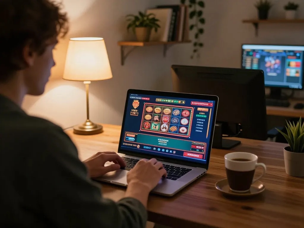 Engaging in online gaming with vvvwin on laptop at home for a safe gambling experience.