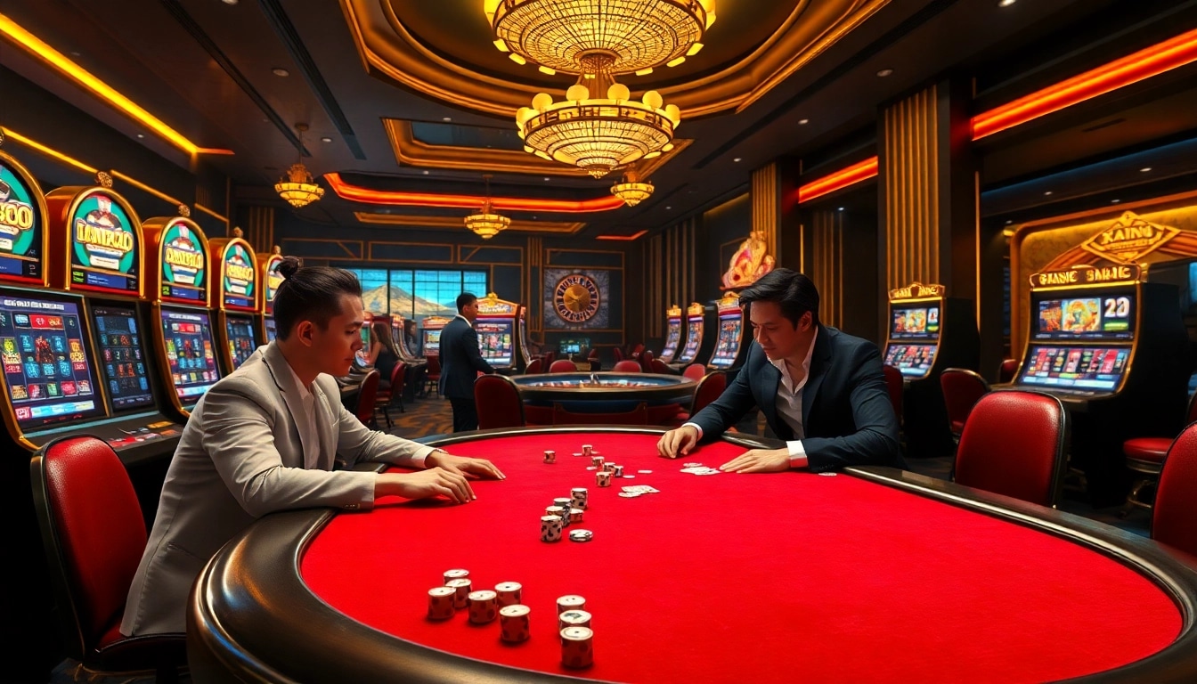 Xin88 casino atmosphere featuring poker players, vibrant slot machines, and roulette wheel in a luxurious setting.