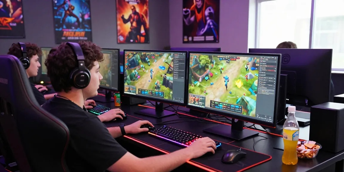 Mahajitu gaming enthusiast enjoying online gambling with dual monitors, vibrant atmosphere and engaging setup.