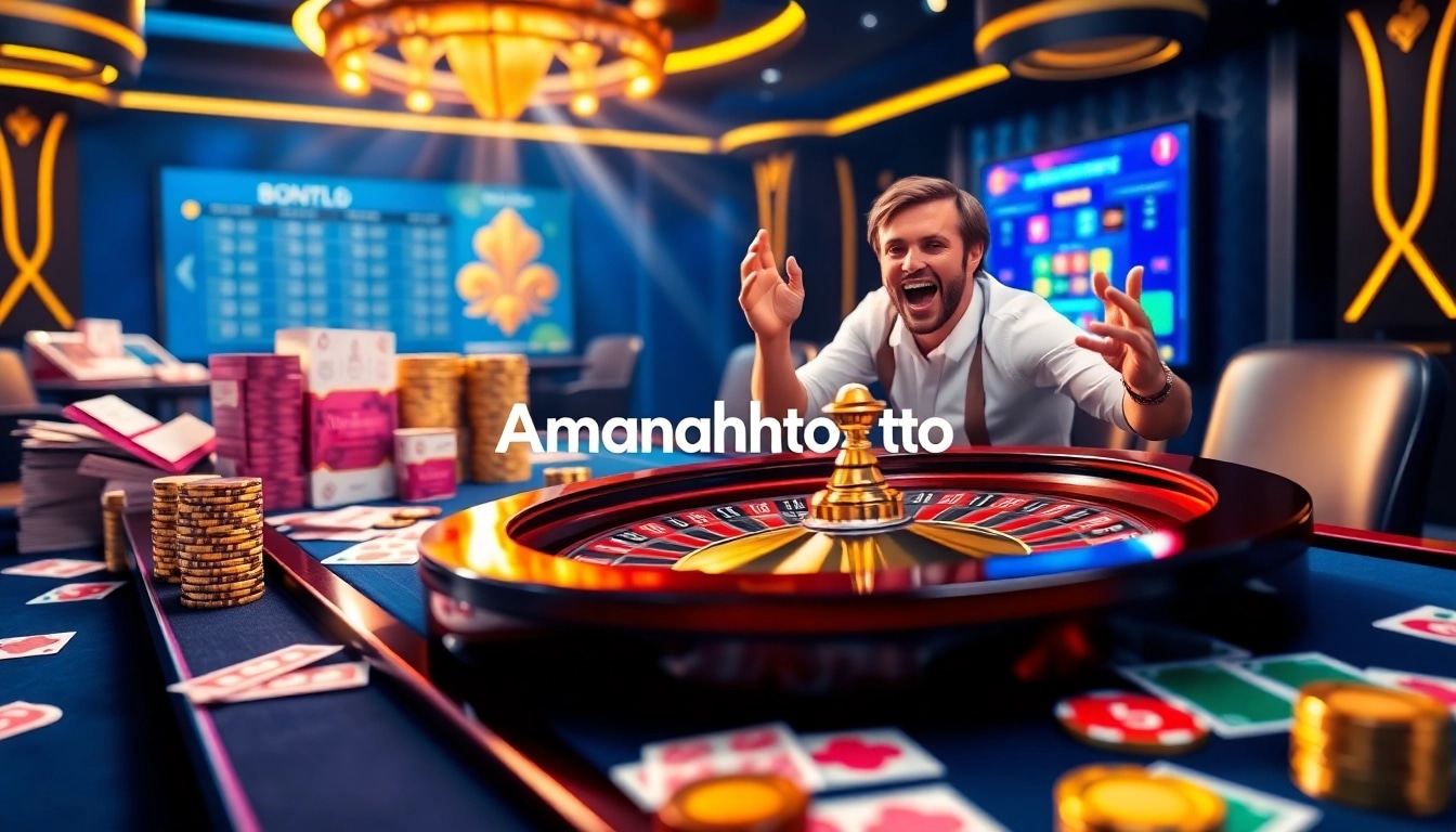 Excited players winning at Amanahtoto online gambling with vibrant casino elements.