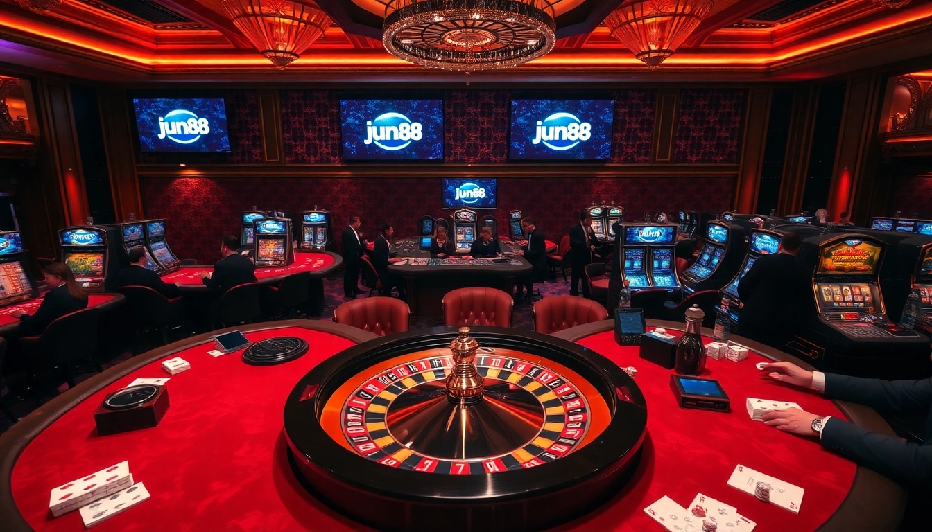 Experience thrilling gameplay at jun88's lavish casino with vibrant gaming tables and engaging players.