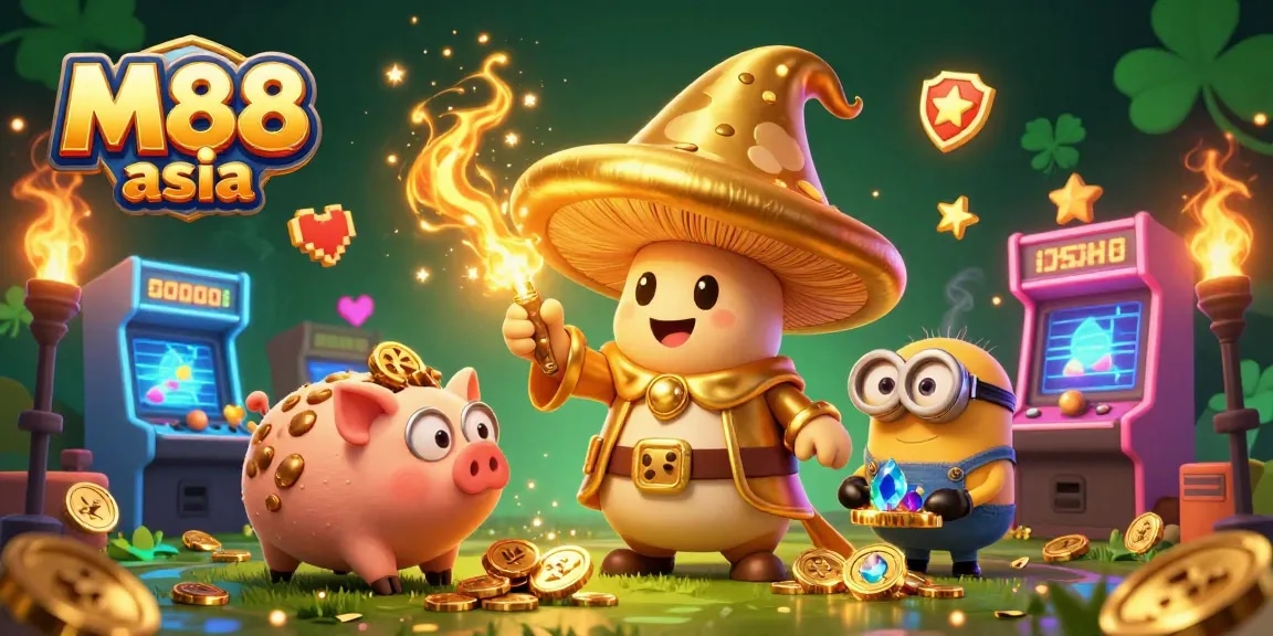 M88 asia brings immersive casino fun with a golden mushroom wizard and treasure-finding pig amidst vibrant game machines.