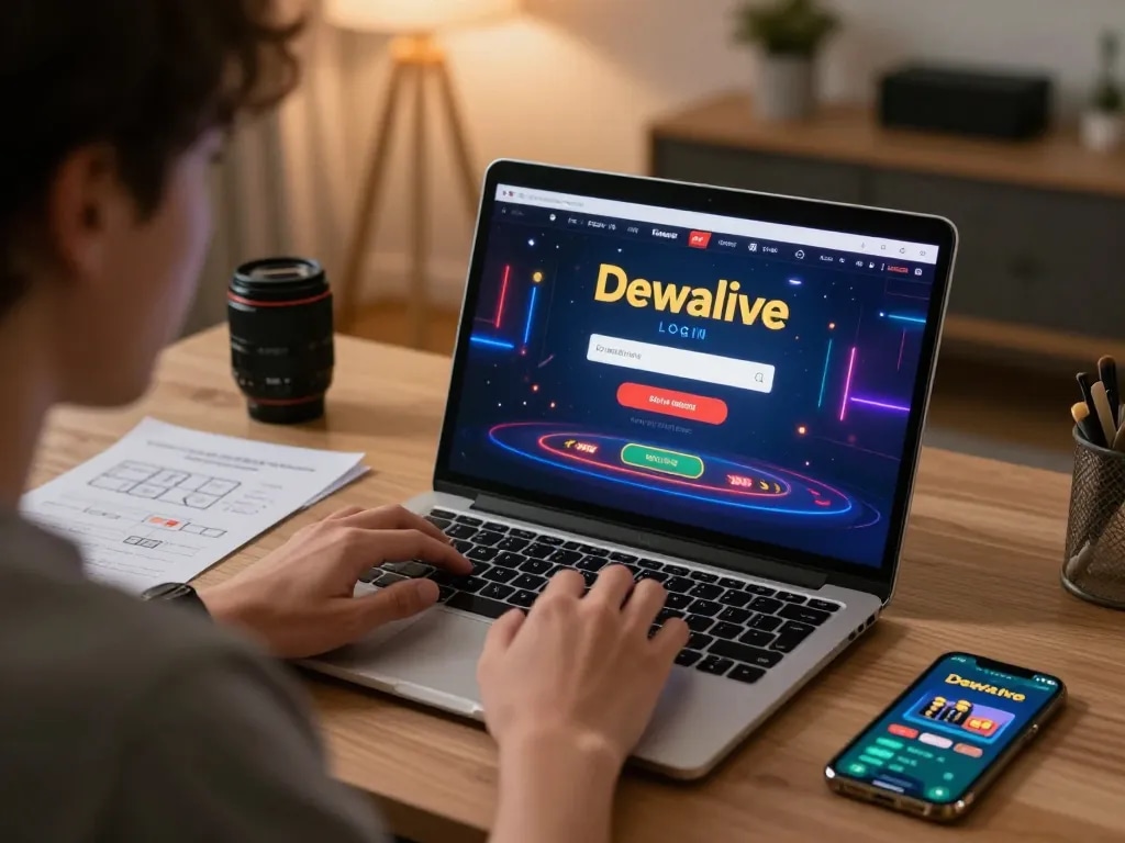Dewalive Login interface displayed on a laptop during a focused online casino session, showcasing vibrant gameplay.