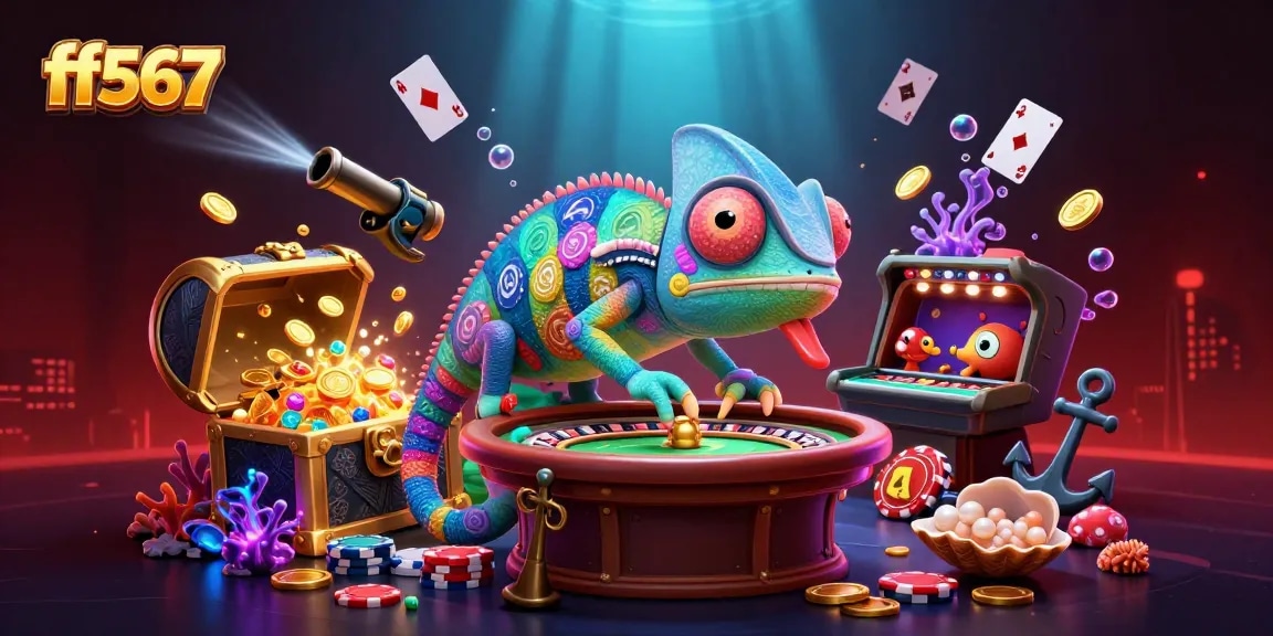 ff567 oferece uma experiência visual vibrante com o camaleão do cassino e elementos de jogos de azar.
