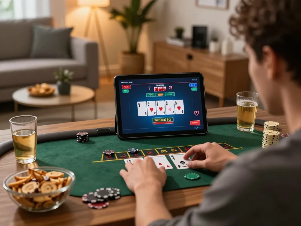 Engage with Live Chat Asialive88 while playing blackjack on a tablet in a cozy living room setting.