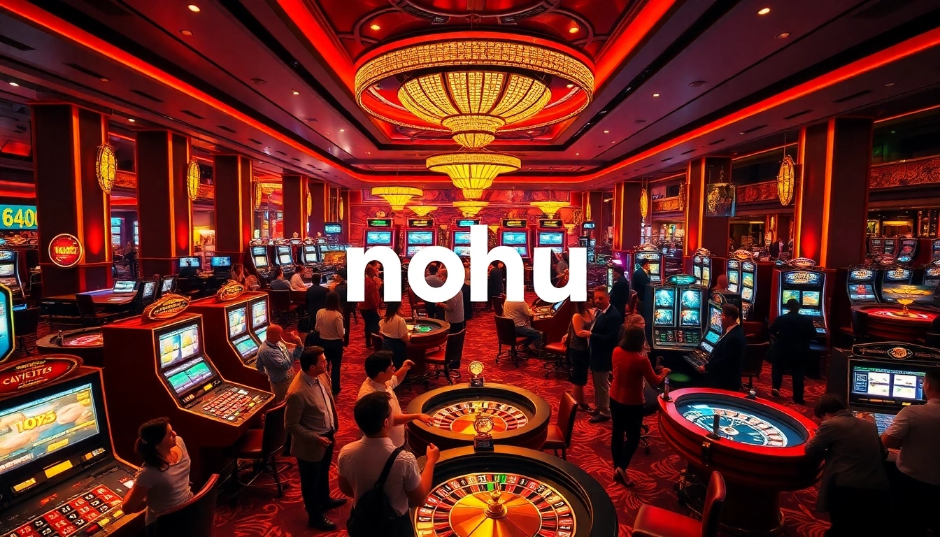 NoHu casino scene showcasing players winning at vibrant slot machines and enjoying poker tables.