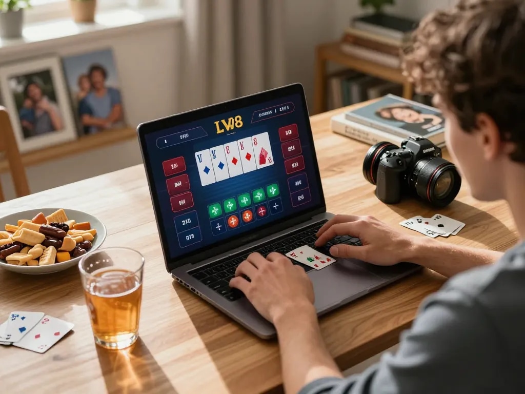 Engaging player using LV88 for poker on laptop amid snacks during a cozy home gaming session.