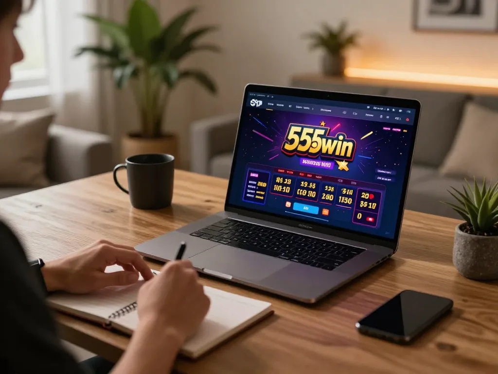 Engaging online betting experience at 555win, showcasing a modern gaming setup with strategic notes
