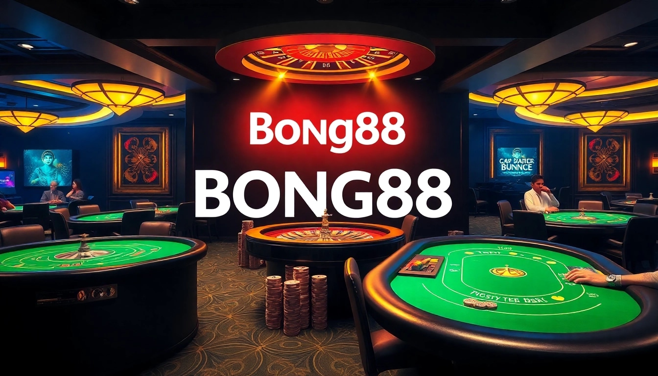 Thrilling casino action at Bong88 with players engaged in high-stakes games and vibrant casino elements.