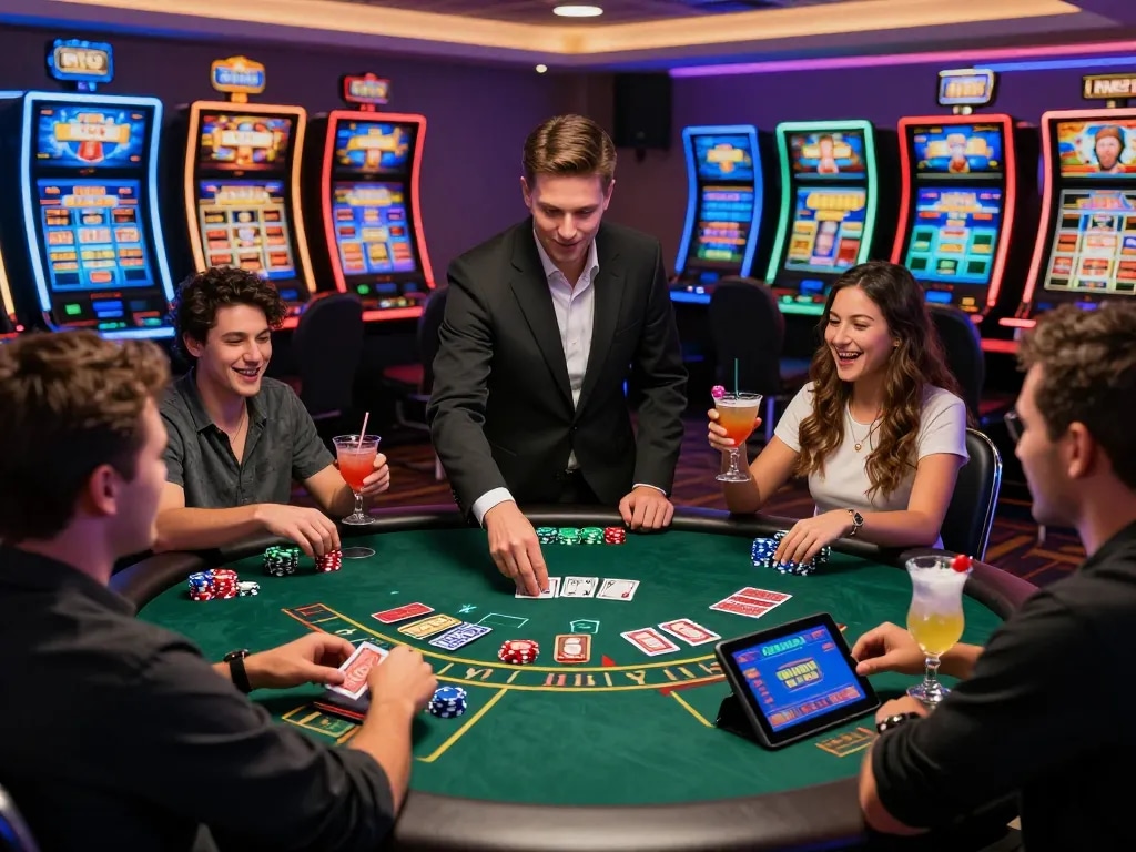 Casino wild sultan gamers enjoying blackjack with live dealer in vibrant atmosphere, featuring colorful chips, engaging technology, and lively interactions.
