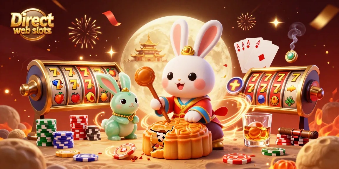 Engage in Direct web slots gameplay with a vibrant, festive scene featuring slot reels and winning icons alongside folklore characters.
