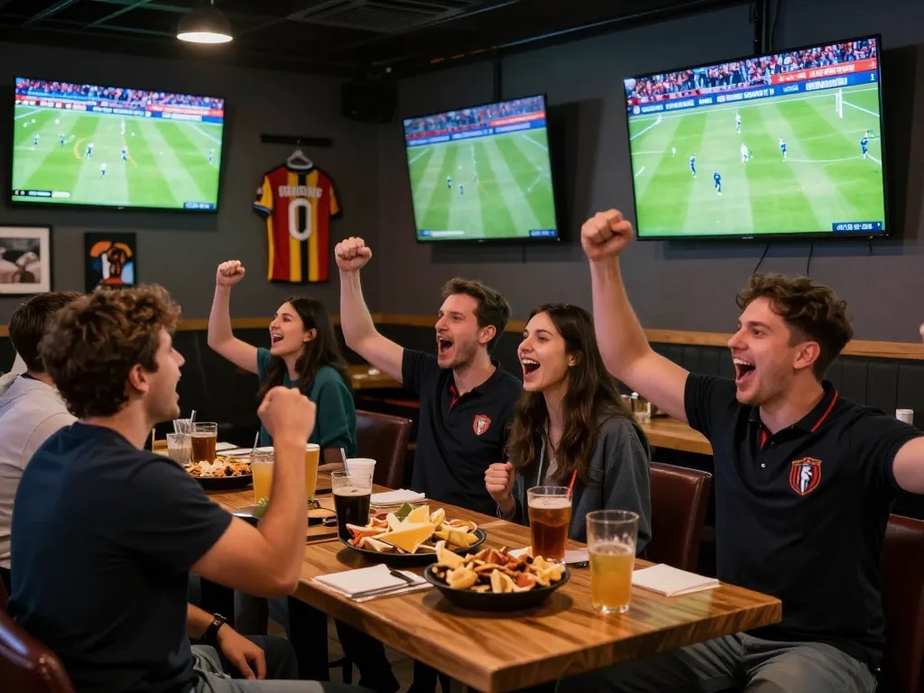 Live football match experience at Nowgoal with fans cheering in a sports bar.