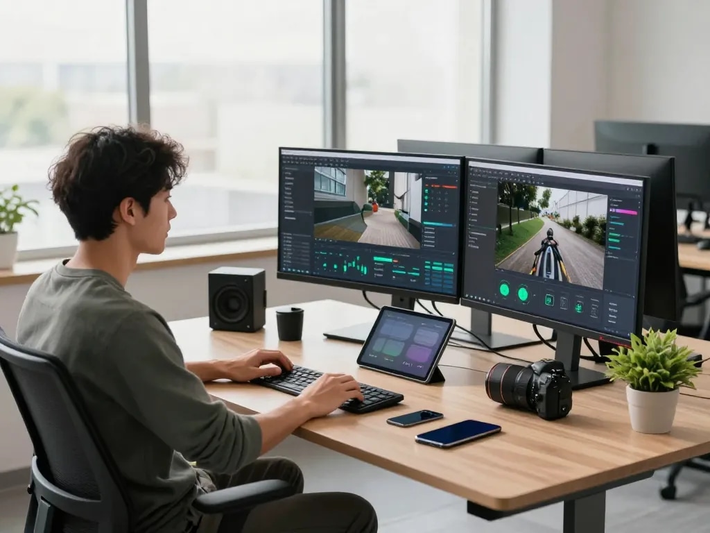 Developer analyzing HD4D camera data in a bright, modern workspace.