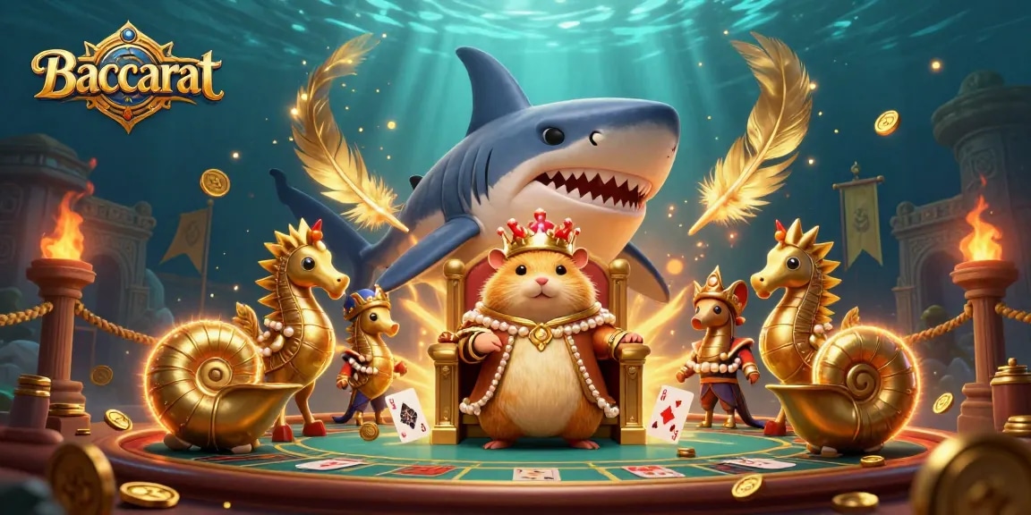 Baccarat scene featuring a golden hamster king on a megalodon throne amidst playing cards and coins