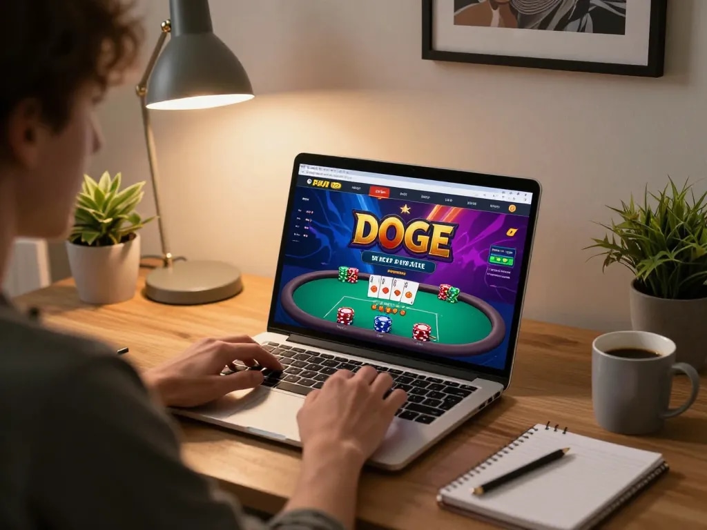 Engaging in DOGE gambling with a focused player using a laptop in a stylish home setting.