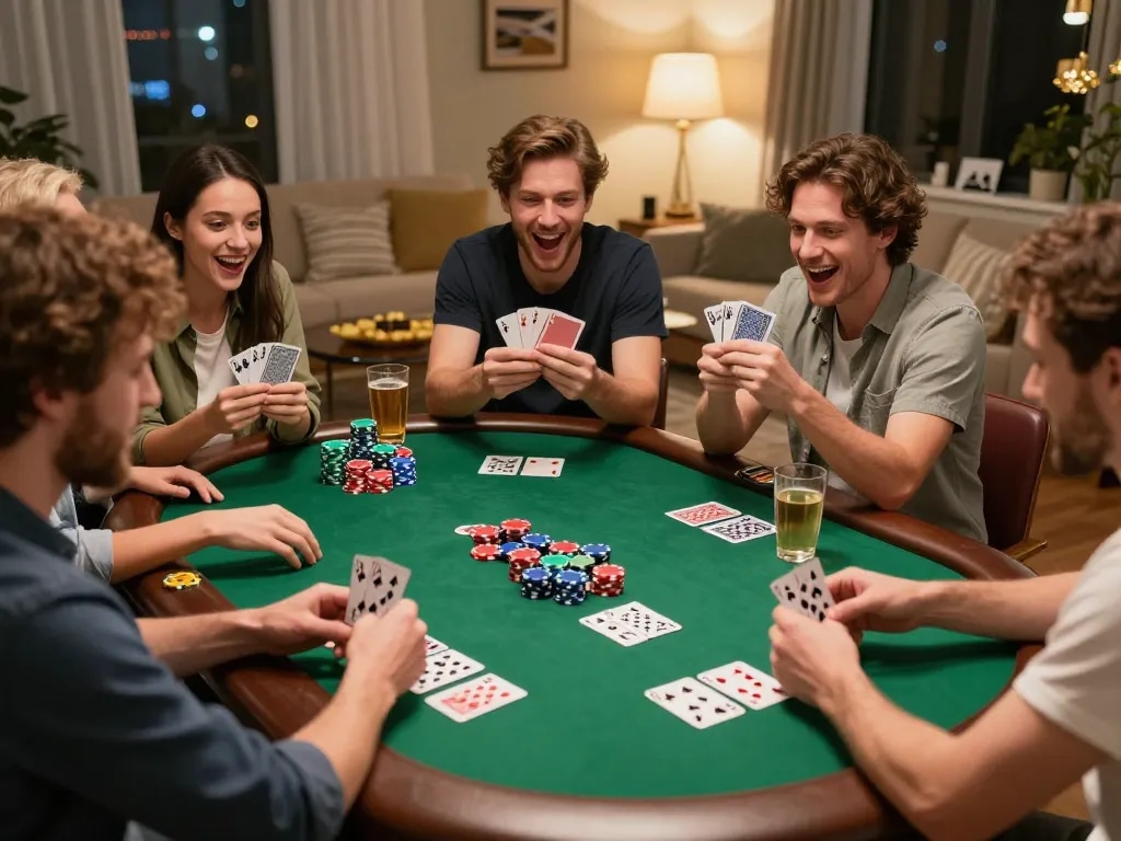 Friends enjoying a competitive poker night at home with TOPBET strategy discussions.