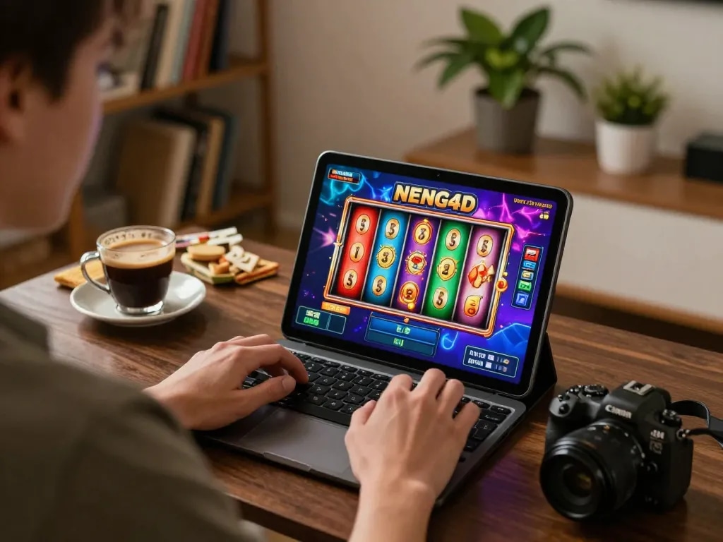 NENG4D player enjoying an online slot game on a tablet in a cozy home setup with warm lighting.