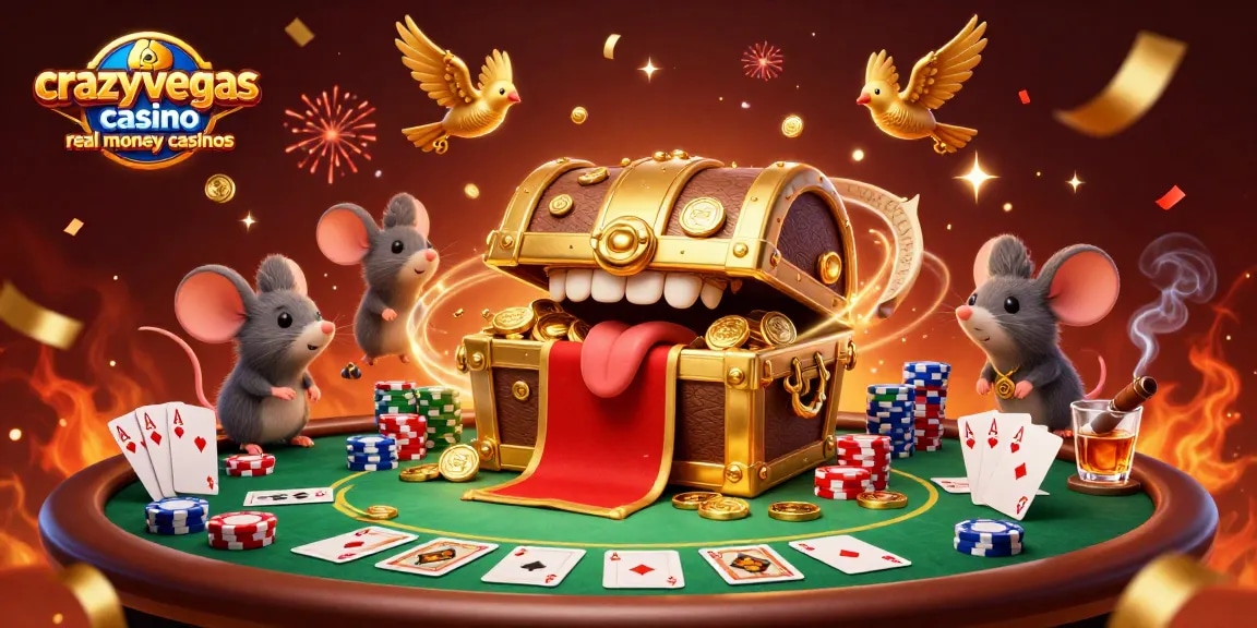 Engaging scene of crazyvegas casino real money casinos showcasing mouse adventurers drawn to a treasure chest amidst vibrant poker elements.