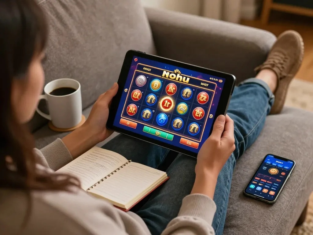 Player enjoying nohu slot game on tablet in cozy home setting with strategy notes.