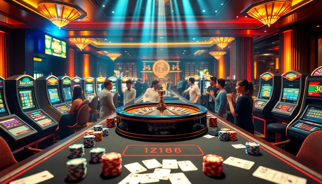 Exciting casino gameplay scene showcasing poker chips and a roulette wheel at HZ88 com.
