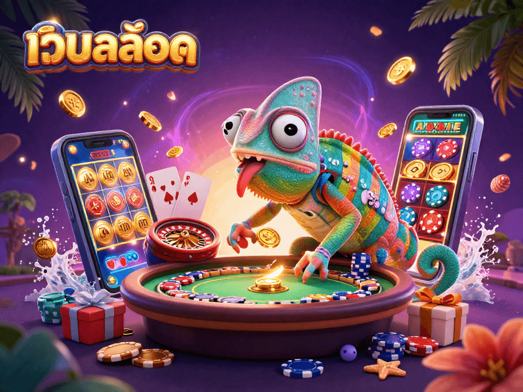 Experience thrilling เว็บสล็อต action with a vibrant 3D chameleon casino owner in a dynamic scene.