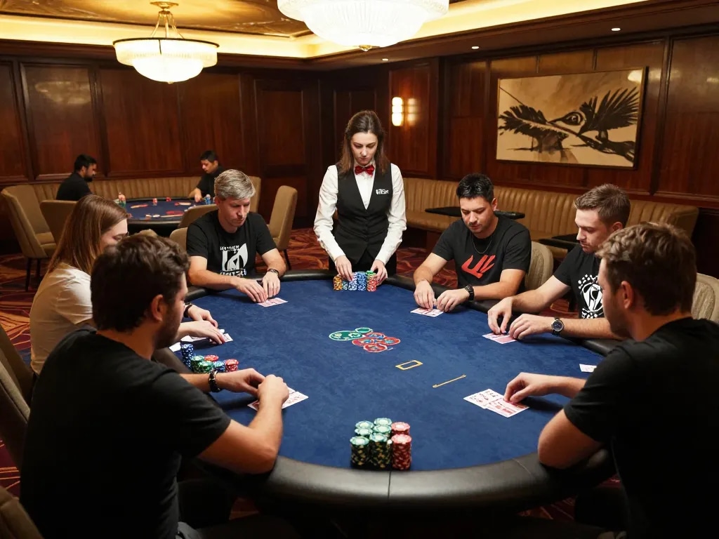 Players engaged in strategic gameplay at the exclusive 100VIP poker table in a luxurious setting.