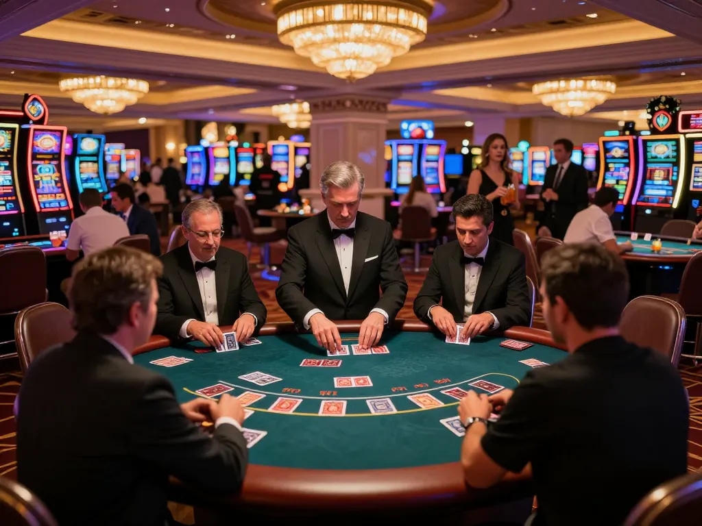 Players engaging at a poker table in a vibrant Vegas casino showcasing strategic plays, landlordmoneysaving tips enhance your experience