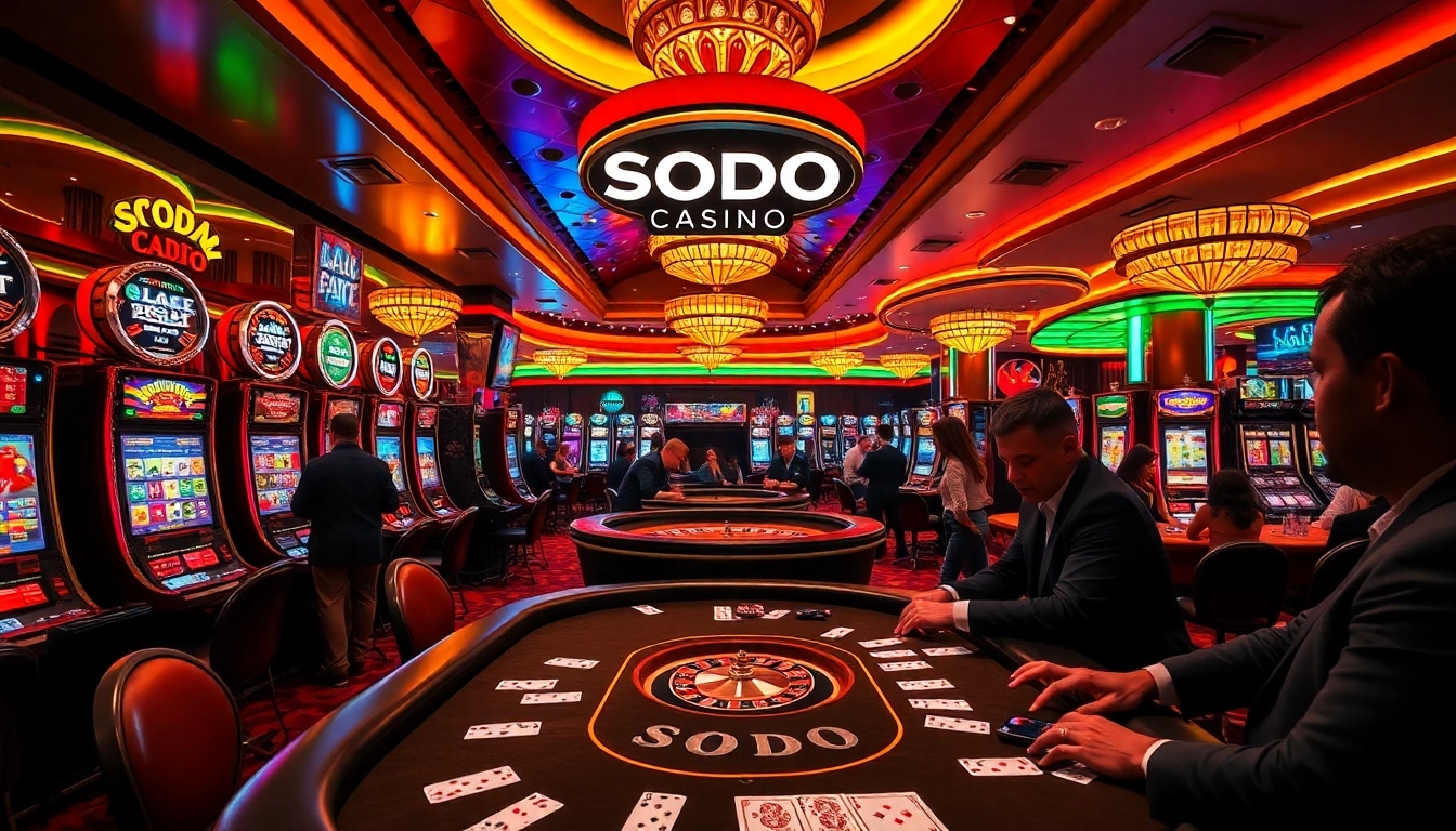 Experience the excitement of gameplay at SODO Casino with vibrant poker tables and colorful slot machines.