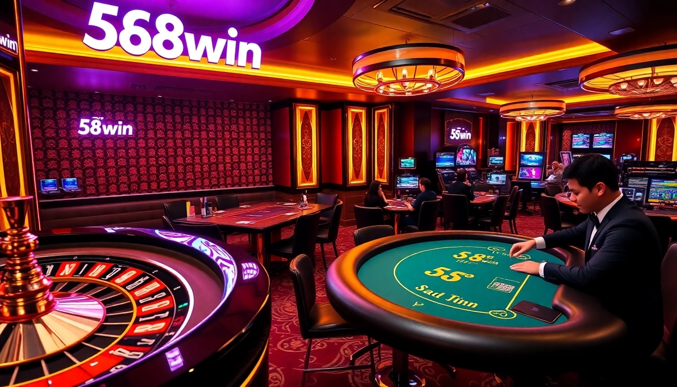 Exciting casino atmosphere with players engaging at 58win roulette and poker tables.