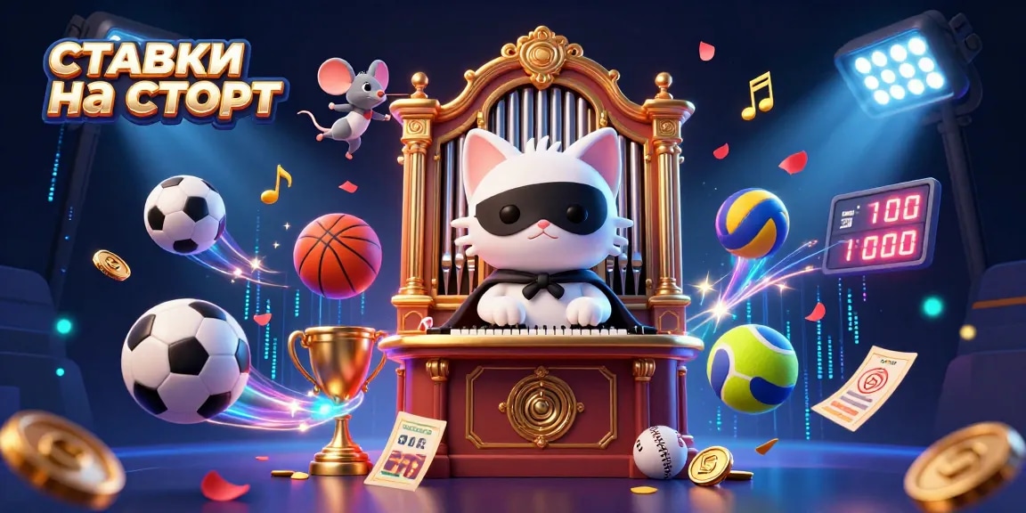 Engage in ставки на спорт with vibrant sports elements, a captivating cat character, and betting excitement.