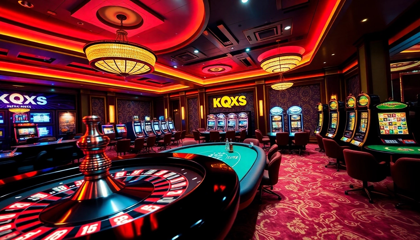 Kqxs casino scene featuring an excited roulette wheel and lively poker table in a luxurious setting.