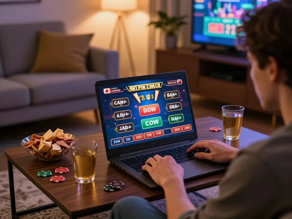 Engaging in online casino gaming with Canada online casinos on a cozy laptop setup, showcasing the excitement of responsible gambling.