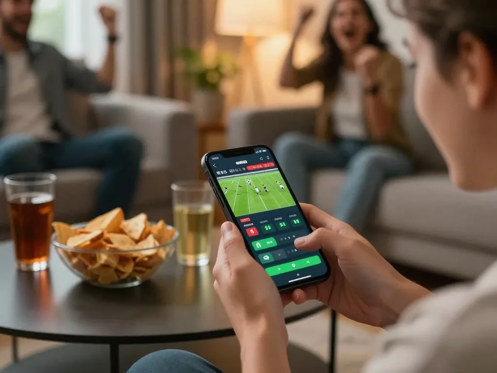 Jun88 user placing live sports bets on mobile, surrounded by friends and snacks, vibrant home atmosphere.