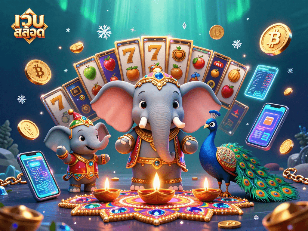 Engage in เว็บสล็อต adventures with decorated elephant, peacock, sparkling gems, and vibrant slot elements.